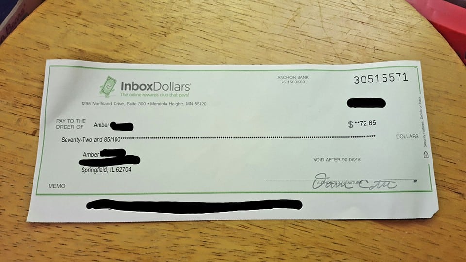 InboxDollars Proof of Payment check showing $72.85