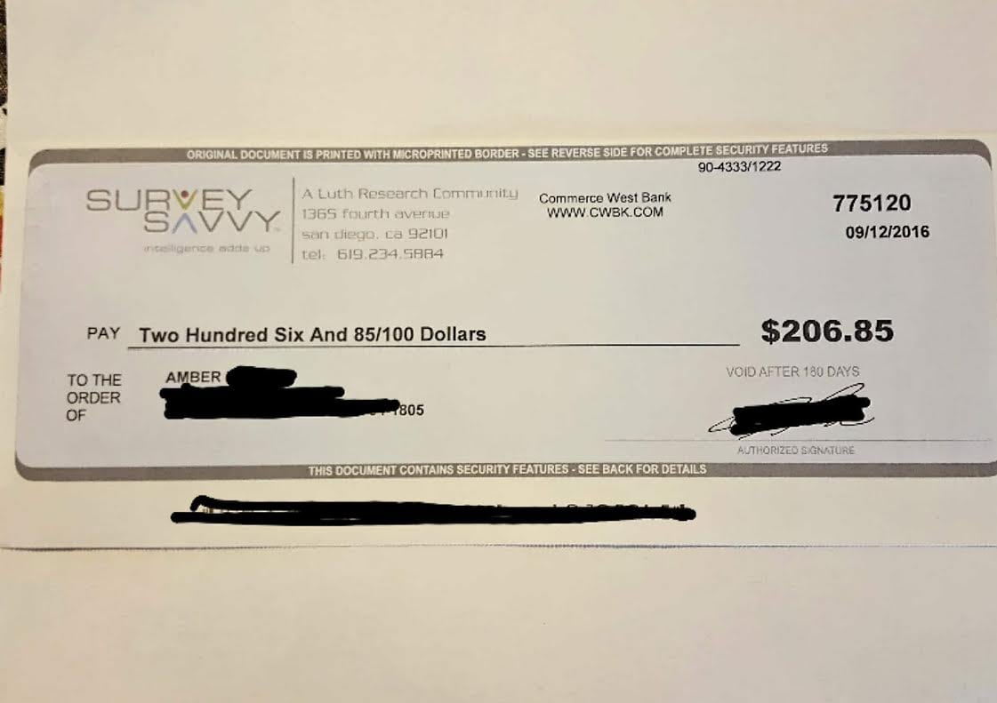 Proof of payment from SurveySavvy - a check showing $206.85