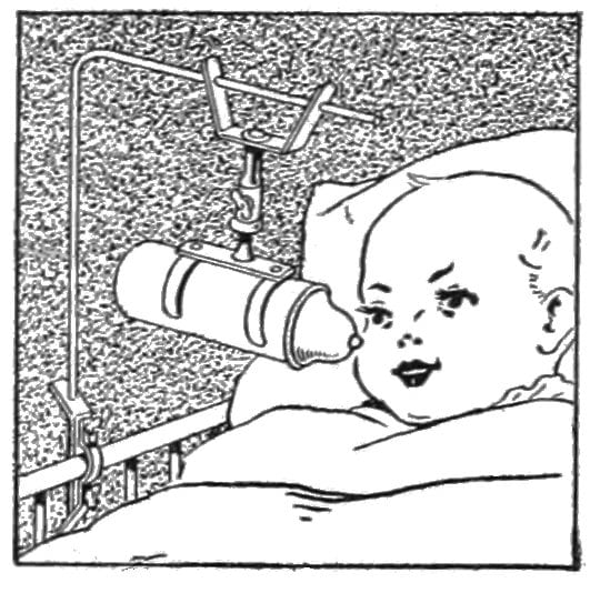 black and white drawing of a baby being bottle fed with a metal apparatus