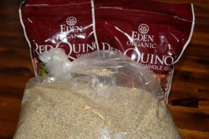 red quinoa in a bulk plastic bag