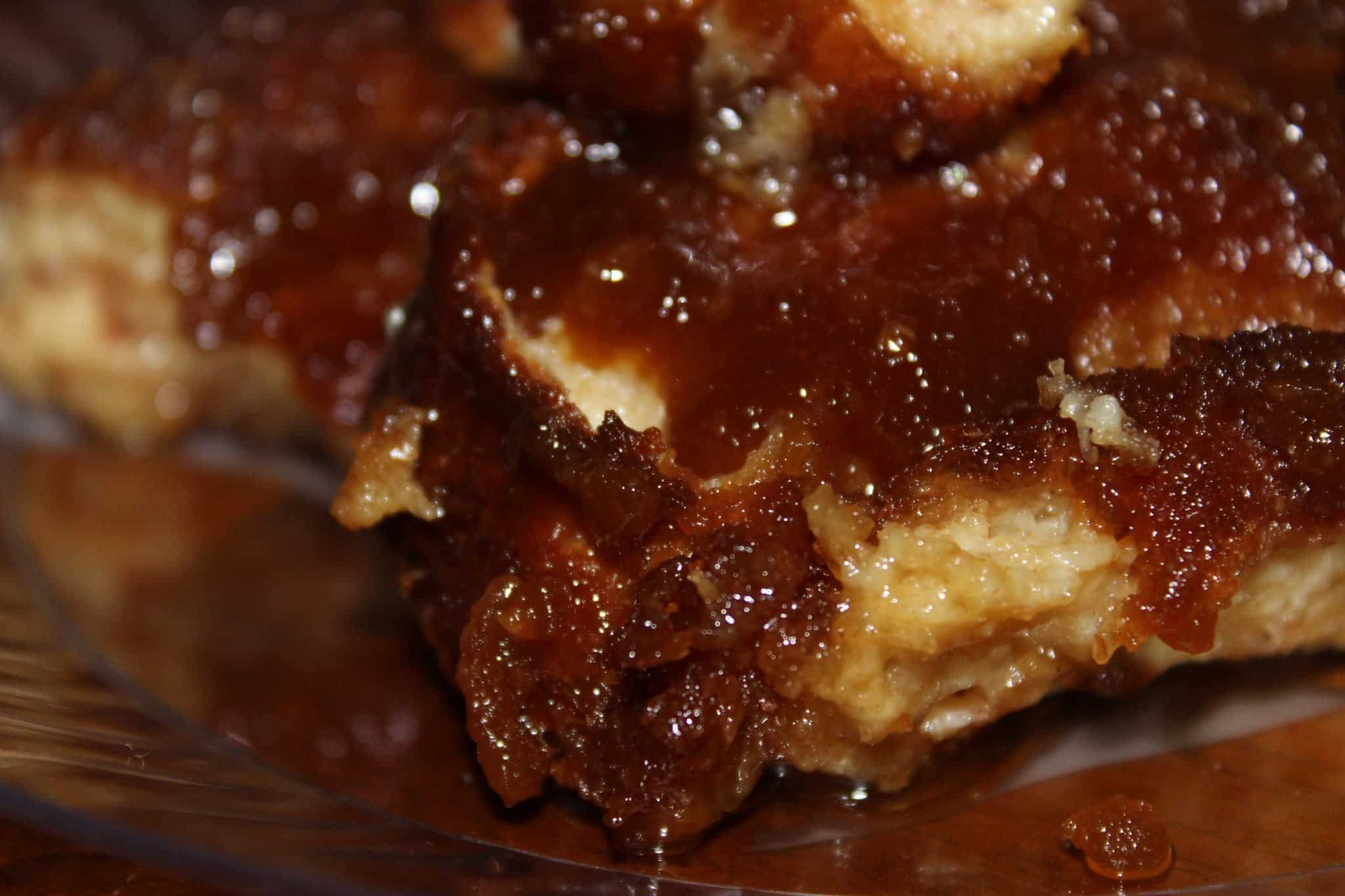close up of overnight french toast bake with melted brown sugar