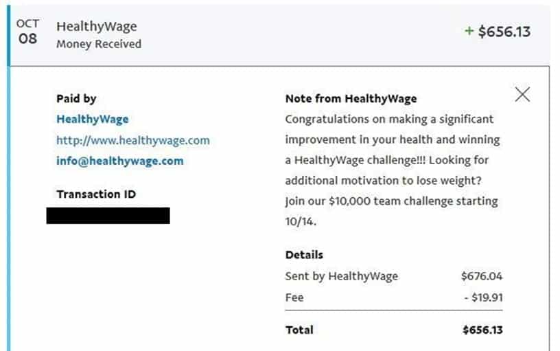 HealthyWage payment proof paypal receipt showing $656.13 received