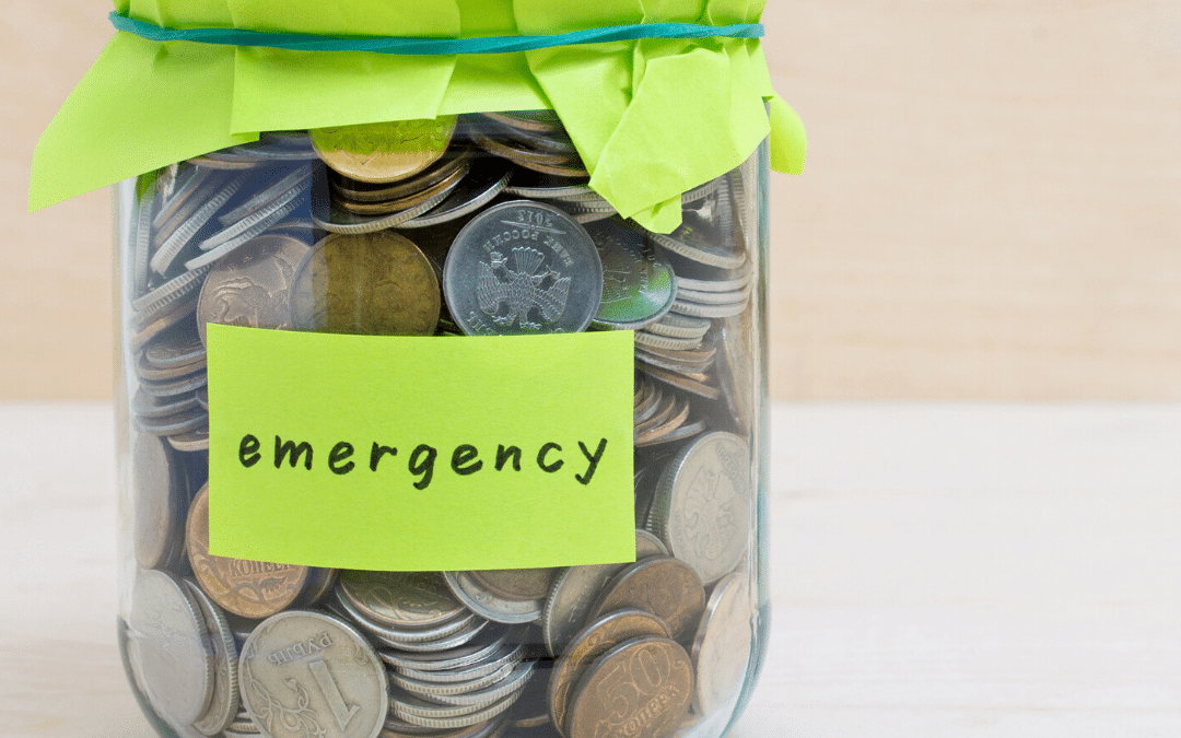 emergency savings jar with green label