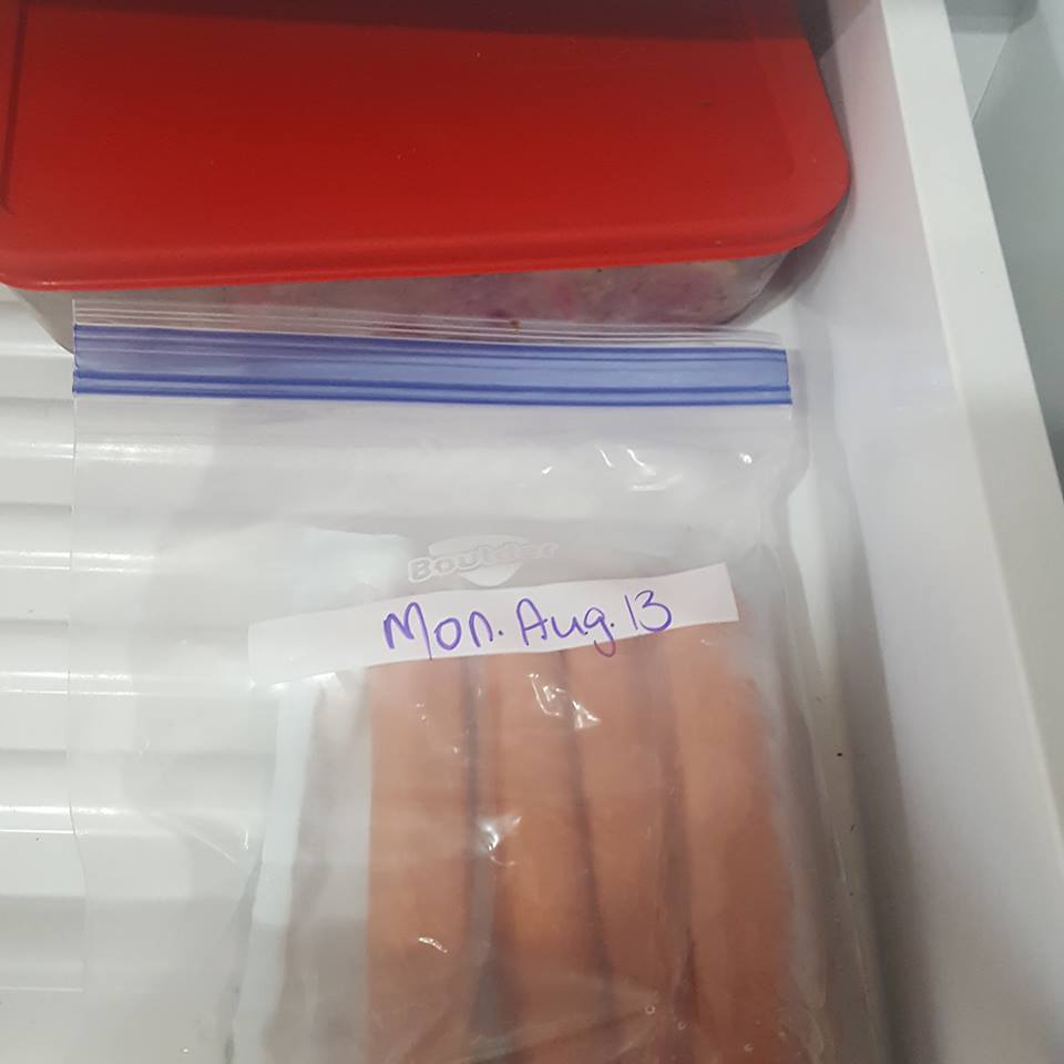 hot dogs in a baggie labeled Mon Aug 13