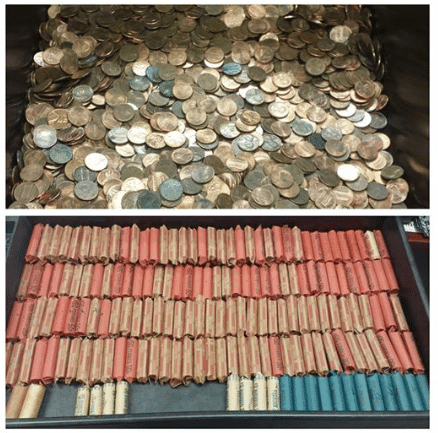 loose change above a photo of rolled quarters in red paper
