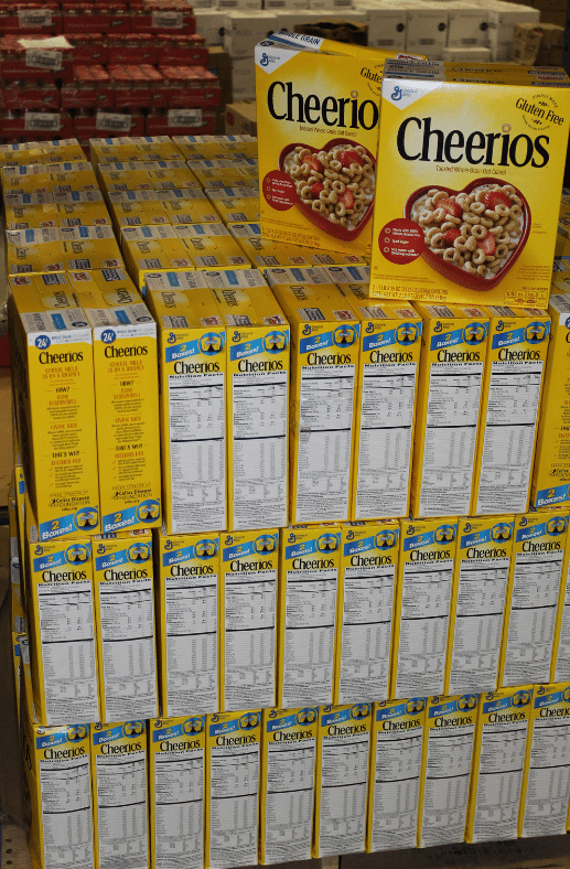 pallet stacked three rows deep with yellow boxes of Cheerios